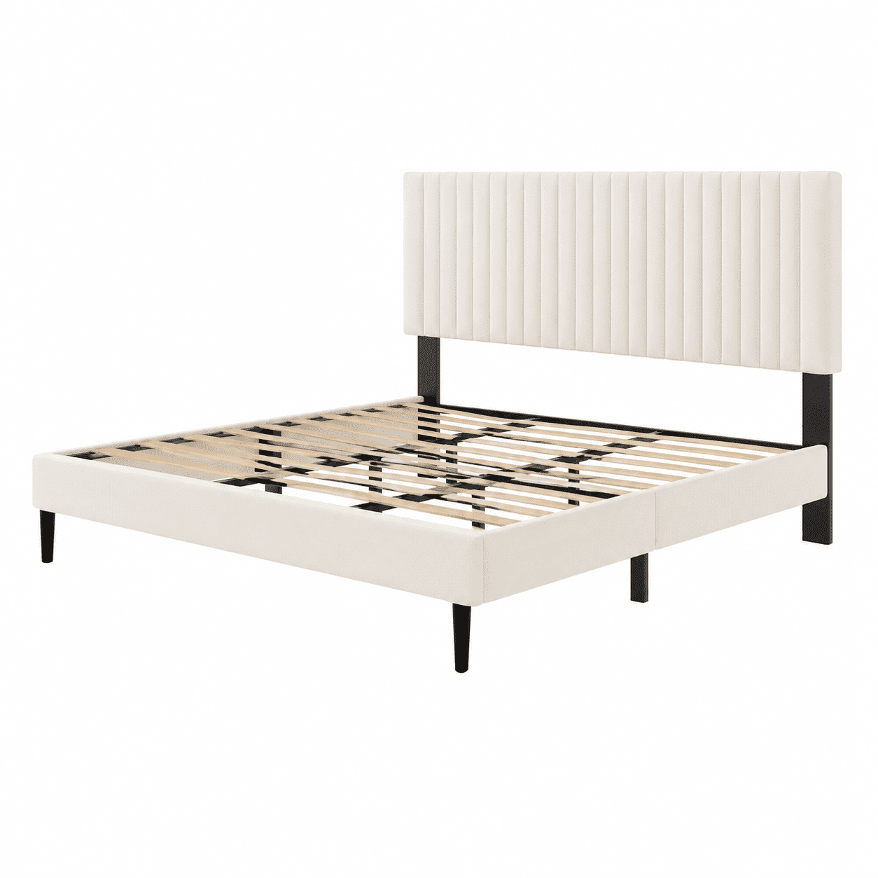 Queen Size Velvet Upholstered Platform Bed with Height-Adjustable Headboard, Sturdy Metal Bed Frame with Wooden Slats, No Box Spring, Beige