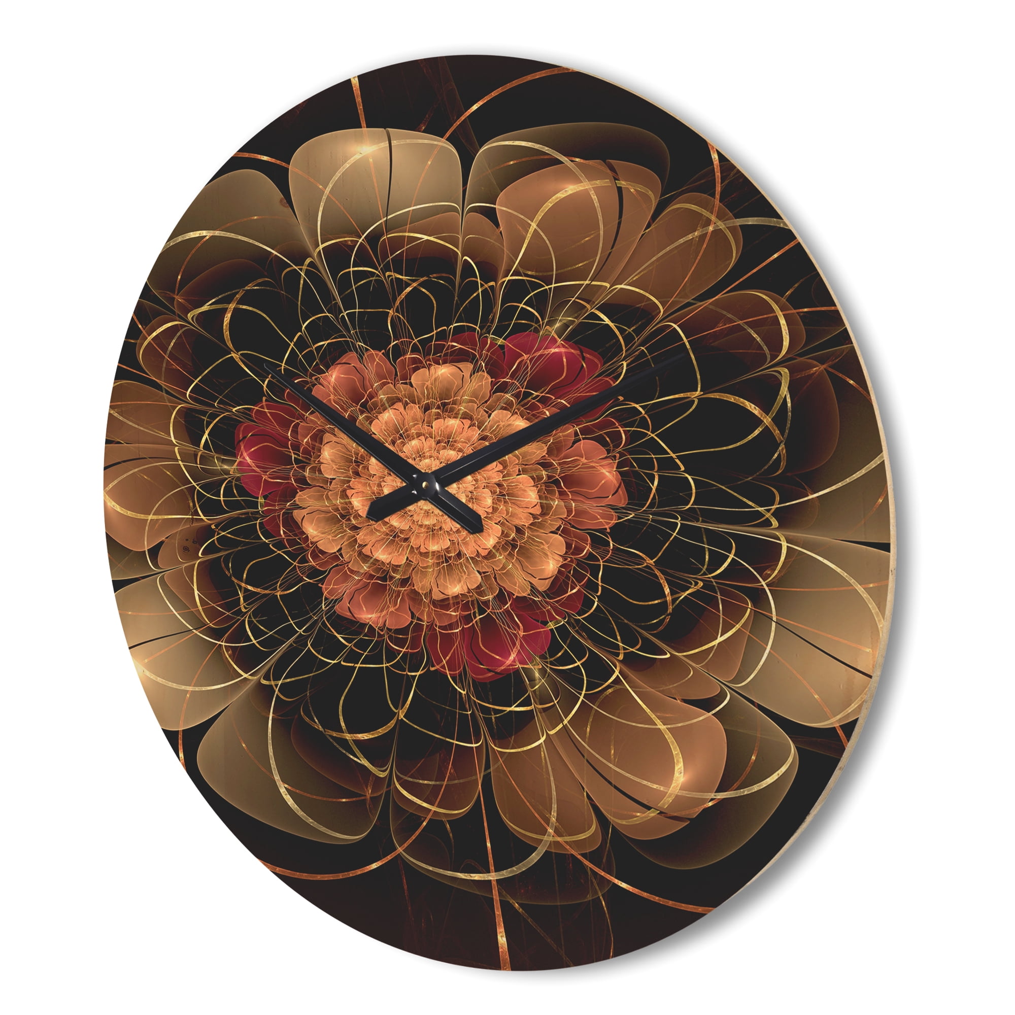 Designart 'Red Dark Gold Fractal Flower Pattern ' Modern Wood Wall Clock