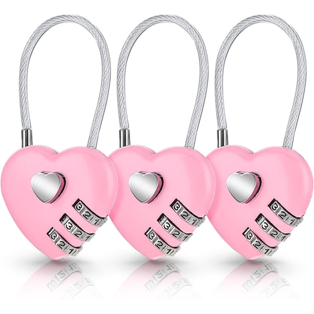 3 Pack Pink Heart Combination Padlock for Suitcase, Cute Heart Shape Code Lock, Small Waterproof Padlock for Travel Bags, Backpacks (Original Code: 0-0-0)