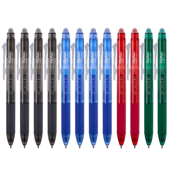 ParKoo Retractable Erasable Gel Pens Clicker Fine Point 0.7 mm, No Need for White Out, 4 Assorted Color Inks for Completing Sudoku and Crossword Puzzles, 12-pack