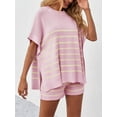 thumbnail image 5 of 2 Pcs Women's Striped Outfits Oversized Batwing Short Sleeve Tops High Waisted Shorts Summer Knit Lounge Short Sets, 5 of 7