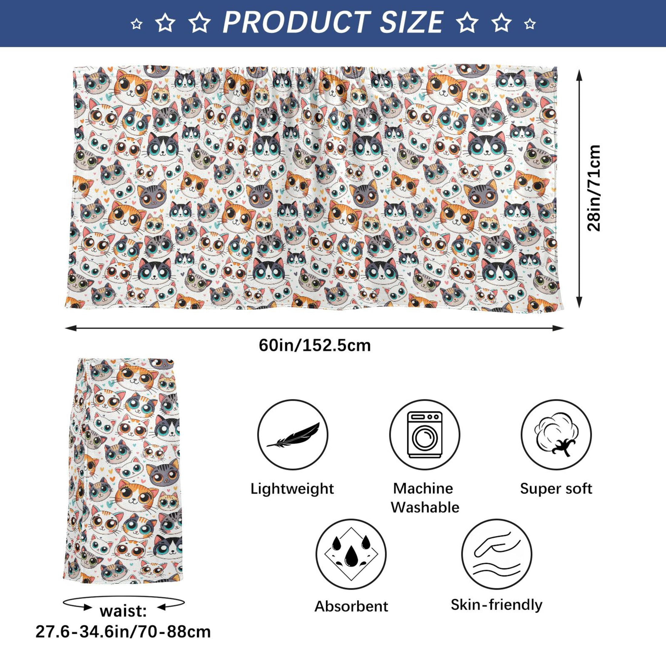 Mens Shower Wrap Adjustable Bath Wrap Towel Body Towels for Gym Shower Sauna Spa Cartoon Cat Face with Big Eye 60x28