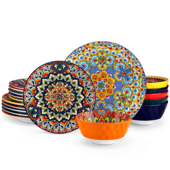 vancasso Dinnerware Sets, Plates and Bowls Set, Porcelain Dishes Set for 4, Microwave Dishwasher Safe, Bohemian Style