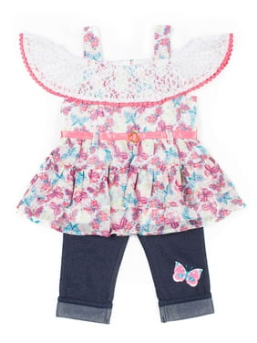 Short Sleeve Ruffled Chiffon Top & Capri, 2pc Outfit Set (Baby Girls & Toddler Girls)