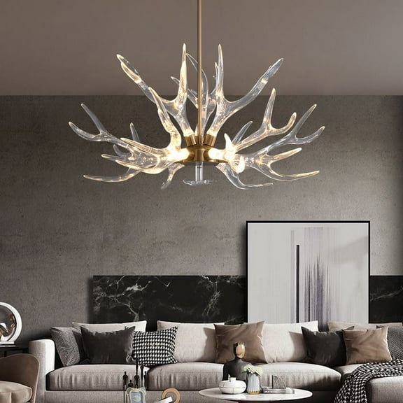 9-Light Resin Deer Horn Antler Ceiling Chandelier Lighting in Gold