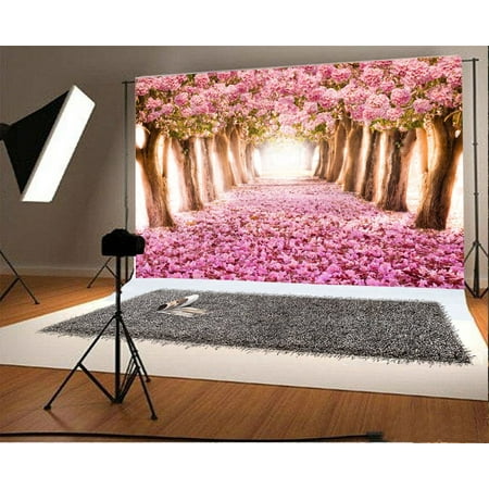 Image of 7x5ft Photography Background Road Between Two Rows of Trees Pink Flowers Sea Romantic Sweet Pink Blossoming Floral Tree Petals Field Backdrops Portraits Shooting Video Studio Props