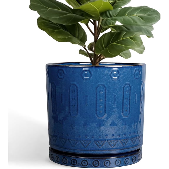 12 Inch Ceramic Planter with Drainage Holes and Saucer Blue