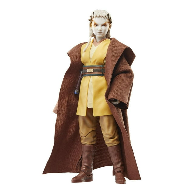Star Wars The Black Series Padawan Jecki Lon Collectible Action Figure (6”) showing a 6-inch articulated figure in a yellow tunic, brown textured robe, tan pants, and brown boots, with a detailed belt and removable lightsaber accessory, standing on a white background, ideal for Star Wars collectors and fans.