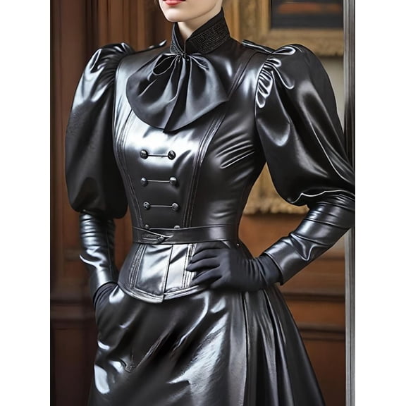 Women Black PU Leather Victorian Blouse with Stand Collar Bow Puff Sleeves and Corset Seaming