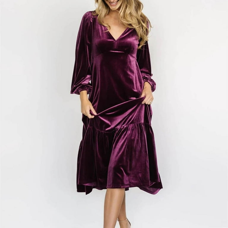 Women's V Neck Waist Cinching Puff Sleeve Velvet Ruffle Long Dress Backless  Long Sleeve Dress Summer Dresses plus Size Short for Women Casual Dresses  for Women Summer Long Dress with Pockets Womens -