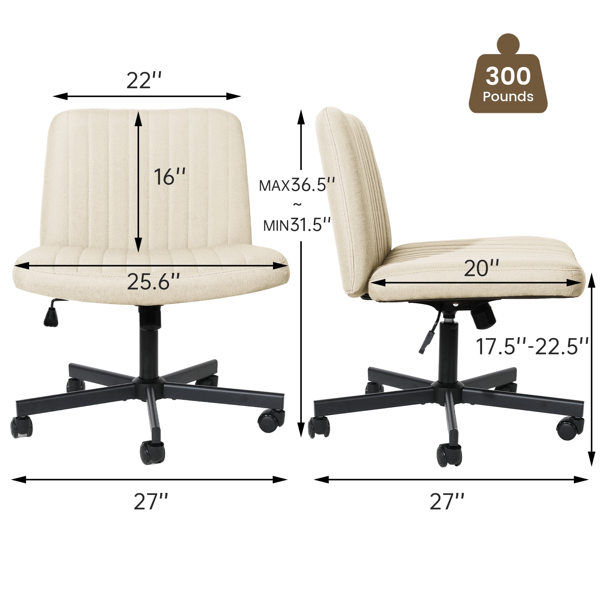 Melocadol Modern Criss Cross Office Chair, Extra Wide Armless Rolling Desk Chair with 360° Wheels, Adjustable Swivel Padded Fabric for Home, Office, Beige