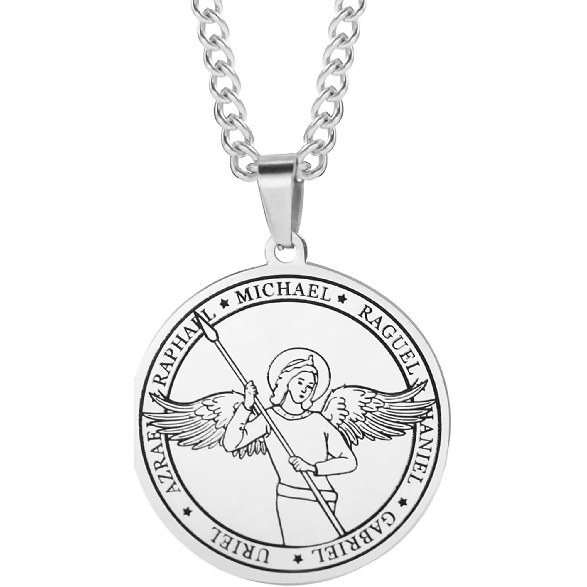 Zephyriana Stainless Steel Archangel Necklace for Women Men Christian Religious Faith Necklace Circle Coin Medal Spiritual Protection Necklace Jewelry Gift
