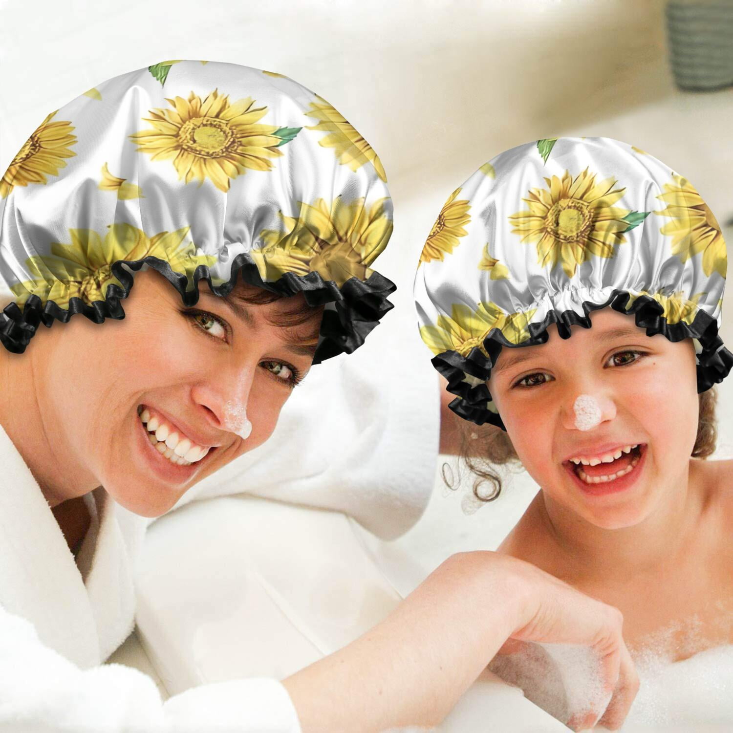 Shower Caps,White Sunflower Petal Pattern Waterproof Shower Cap for Women 4 Pieces,Double Reusable Hair Cover for Shower PEVA Elastic Stretch Hem