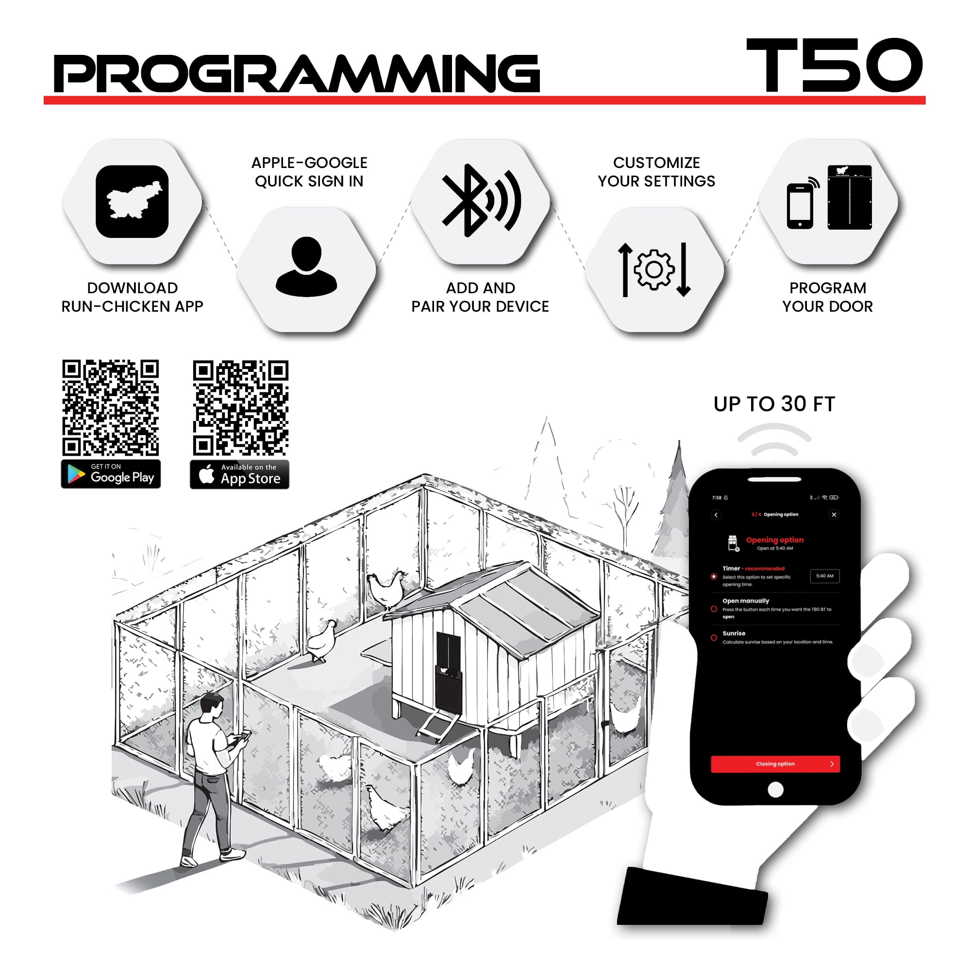 RUN-CHICKEN Door T50 (Onyx) - Automatic Chicken Coop Door Opener with Timer