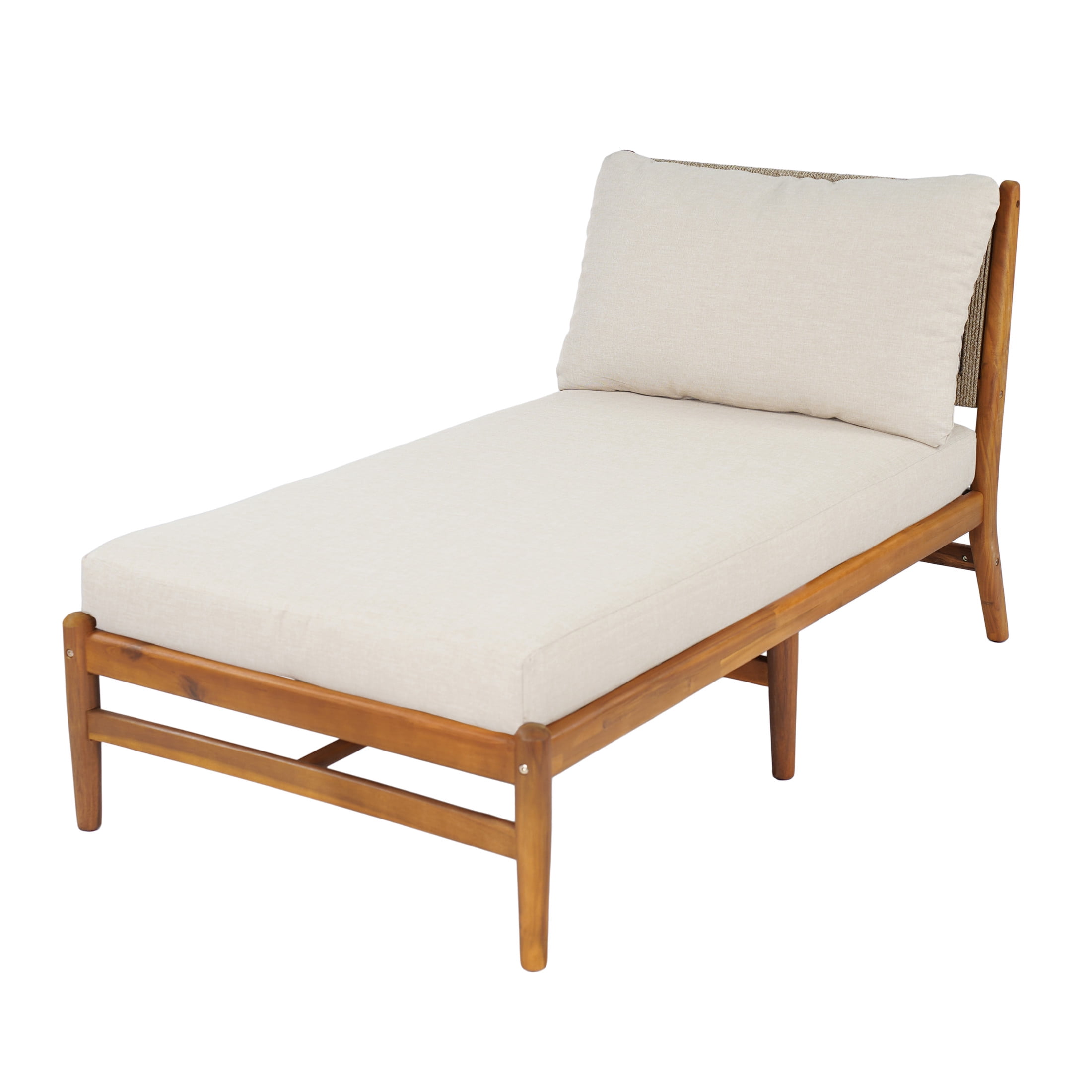 Christopher Knight Home Outdoor Chaise Lounge, Acacia Wood with Woven Rope, Beige Cushions, Teak