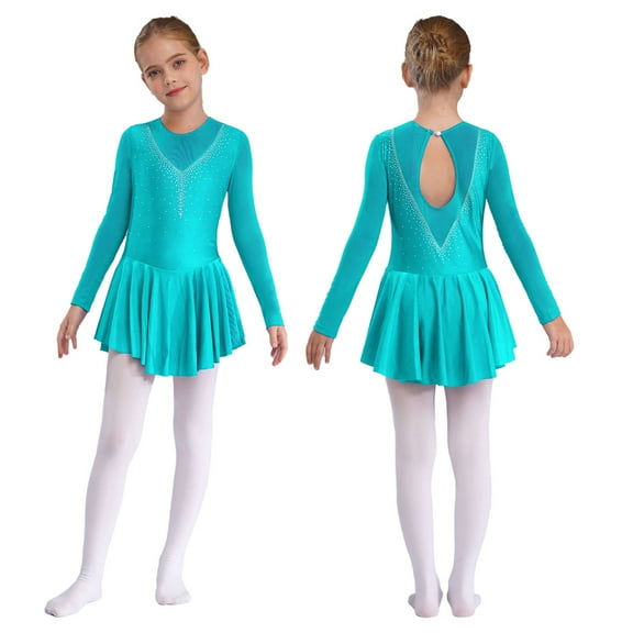 iiniim Kids Girls Figure Ice Skating Roller Skater Dress Ballet Dance Leotard Silver Glitters Long Sleeve Tutu Skirt Dancewear