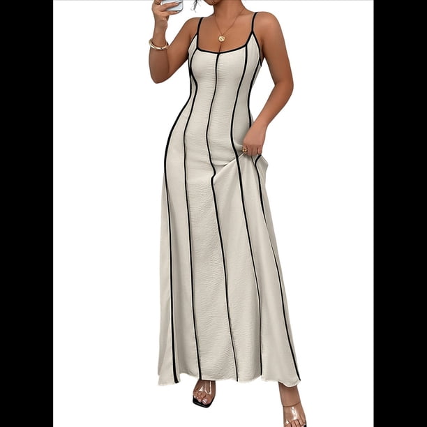 Vestido de Verano Sin Mangas con Cuello Halter y Contraste de Colores para Mujer Caqui XL