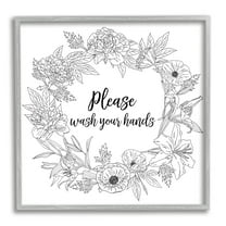 Stupell Industries Wash Your Hands Bathroom Sign Spring Floral Border Botanical & Floral Painting Gray Framed Art Print Wall Art, 12 x 12