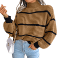 thumbnail image 1 of Womens Mock Neck Striped Chunky Knitted Sweater Winter Long Sleeve Pullover Sweaters Tops Khaki S, 1 of 7