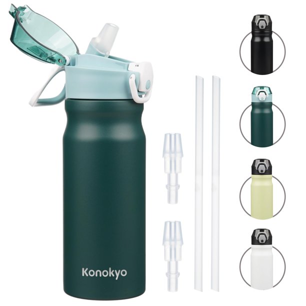 Konokyo Botella De Agua Aislada Con Pajita Y Asa De Transporte Frasco De Agua De Metal Al Vacío De Doble Pared De Acero Inoxidable De 18 Oz Con Tapa A Prueba De Fugas Verde Oscuro