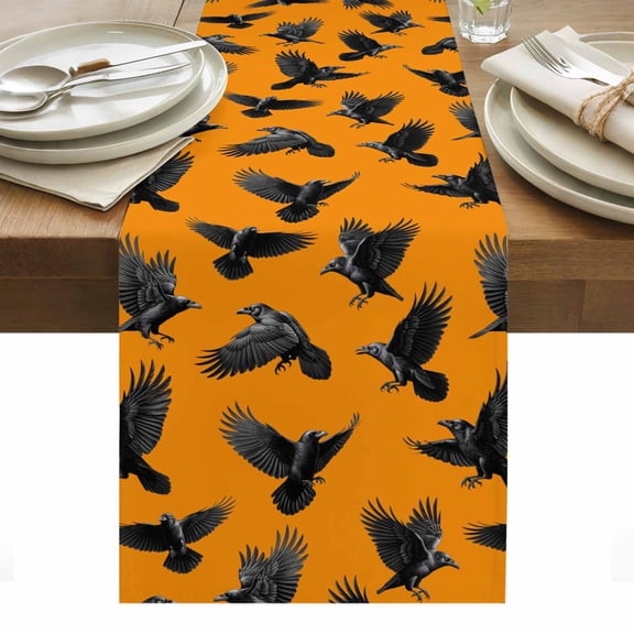 Halloween Table Runner - 72 Inch Long, Kitchen Dining Table Runner Dresser Scarves, Orange Black Animal Crow Fall Holiday Farmhouse Decor for Coffee Tables Wedding Party Banquet