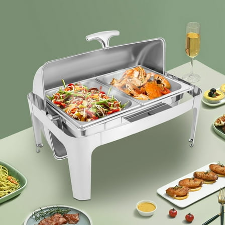 9.54QT Roll Top Chafing Dish Buffet Set 2 Pans Buffet Server and Warmer Stainless Steel Rectangular Chafer Chafing Dish Buffet Top Food Warmer Tray for Catering Event Parties