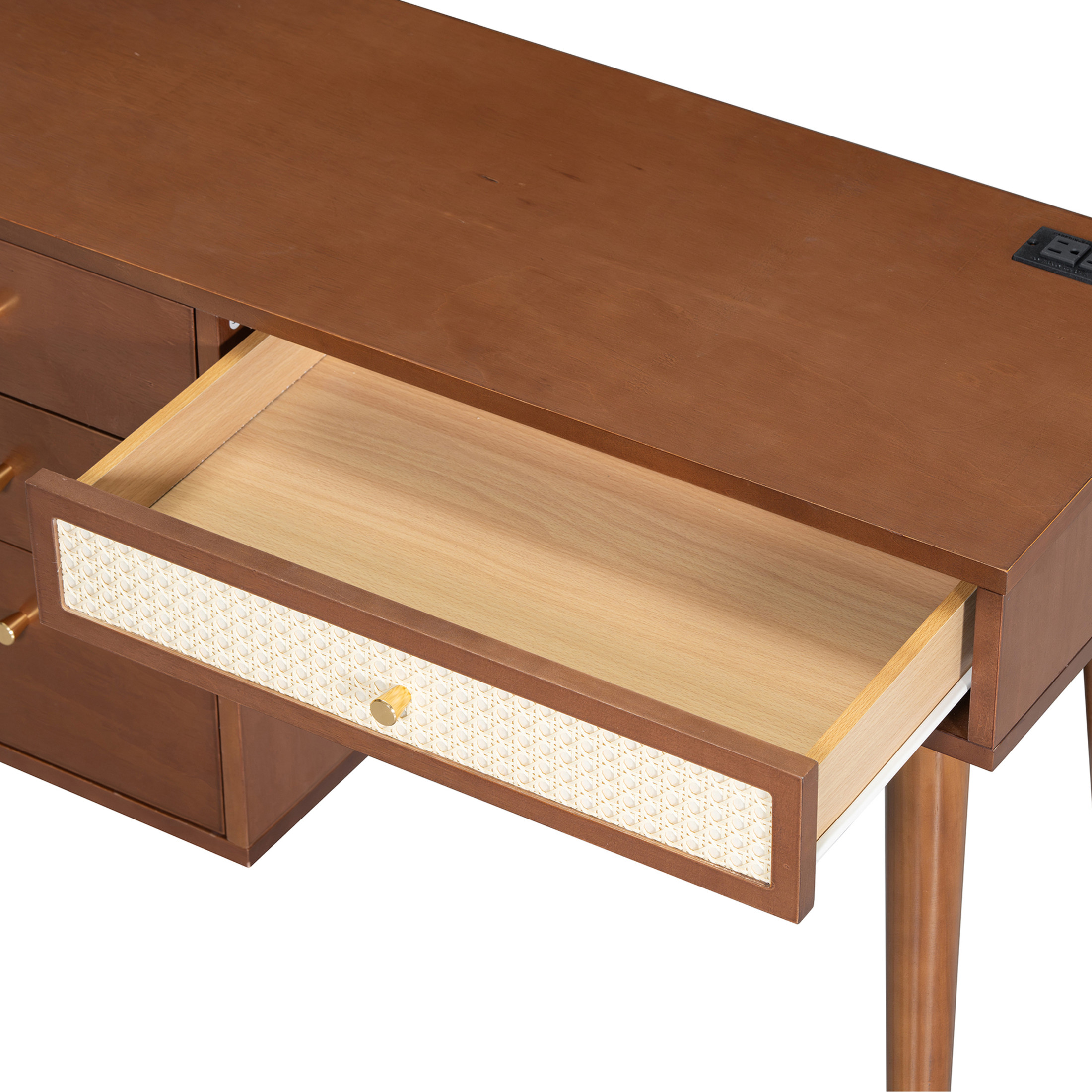 Noble House 39" Retro Wooden Vanity Set with Charging Plug & USB Port, Stool, 3 Drawers and Rattan Drawer, Walnut