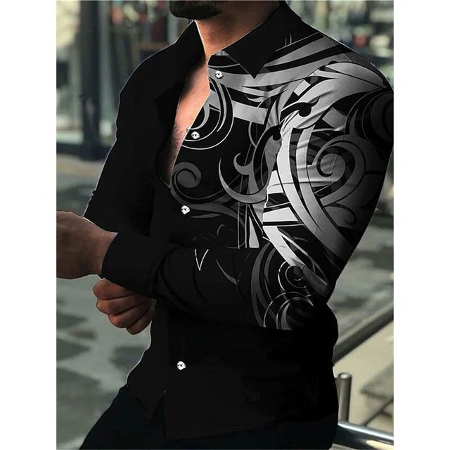 Camisas sociales de lujo de moda de otoño para hombre, camisas con solapa y botones, blusas casuales con estampado de lunares, suéteres de manga larga para hombre
