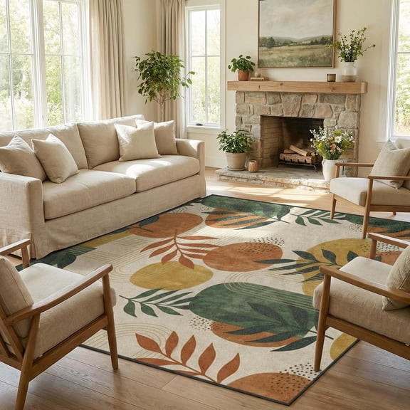 Area Rugs Washable Rug, Midcentury Botanical Boho Stain Resistant Non Slip Backing Terracotta Geometric Carpet for Living Room Bedroom Dining Room-3' x 4'