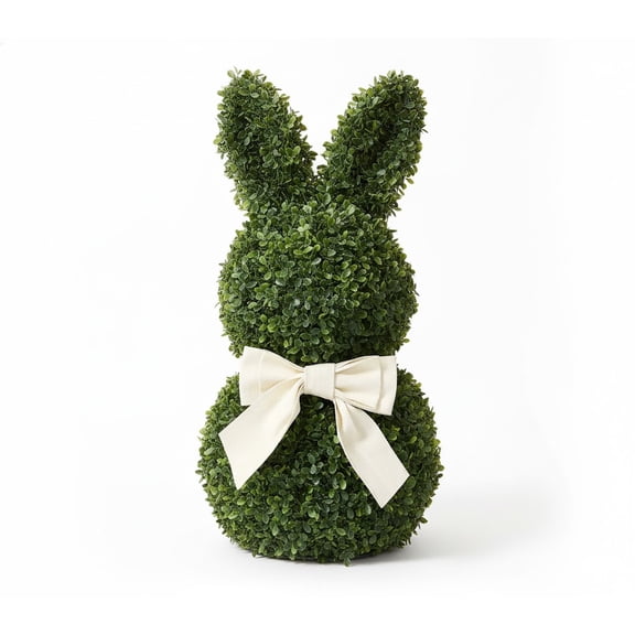 Guvpev Permanent Faux Boxwood Bunny Decoration - 24 Inch Greenery Topiary with Bow for Easter, All-Season Home Decor