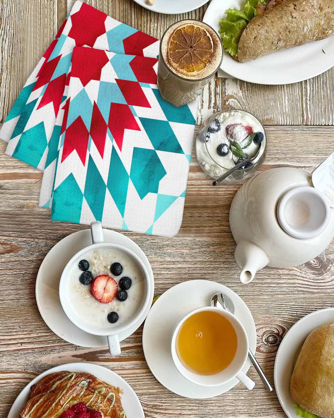 Red Turquoise Boho Kitchen Dish Towels for Drying Dishes Set of 2, Ethnic Tribal Aztec Abstract Geometric Waffle Weave Microfiber Terry Hand Tea Bathroom Towels Quick Dry & Absorbent Towel 15.7x23.6