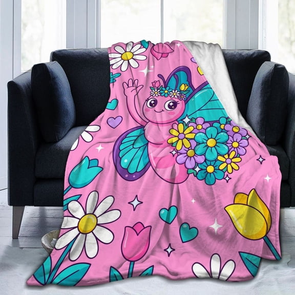 Floral Butterfly Throw Blanket, Ultra Soft Flannel Fleece, Watercolor Wildflower & Leaves Design, Warm Cozy Fuzzy Blanket for Bed, Sofa, Couch, Cabin, Ideal Gift 50x40