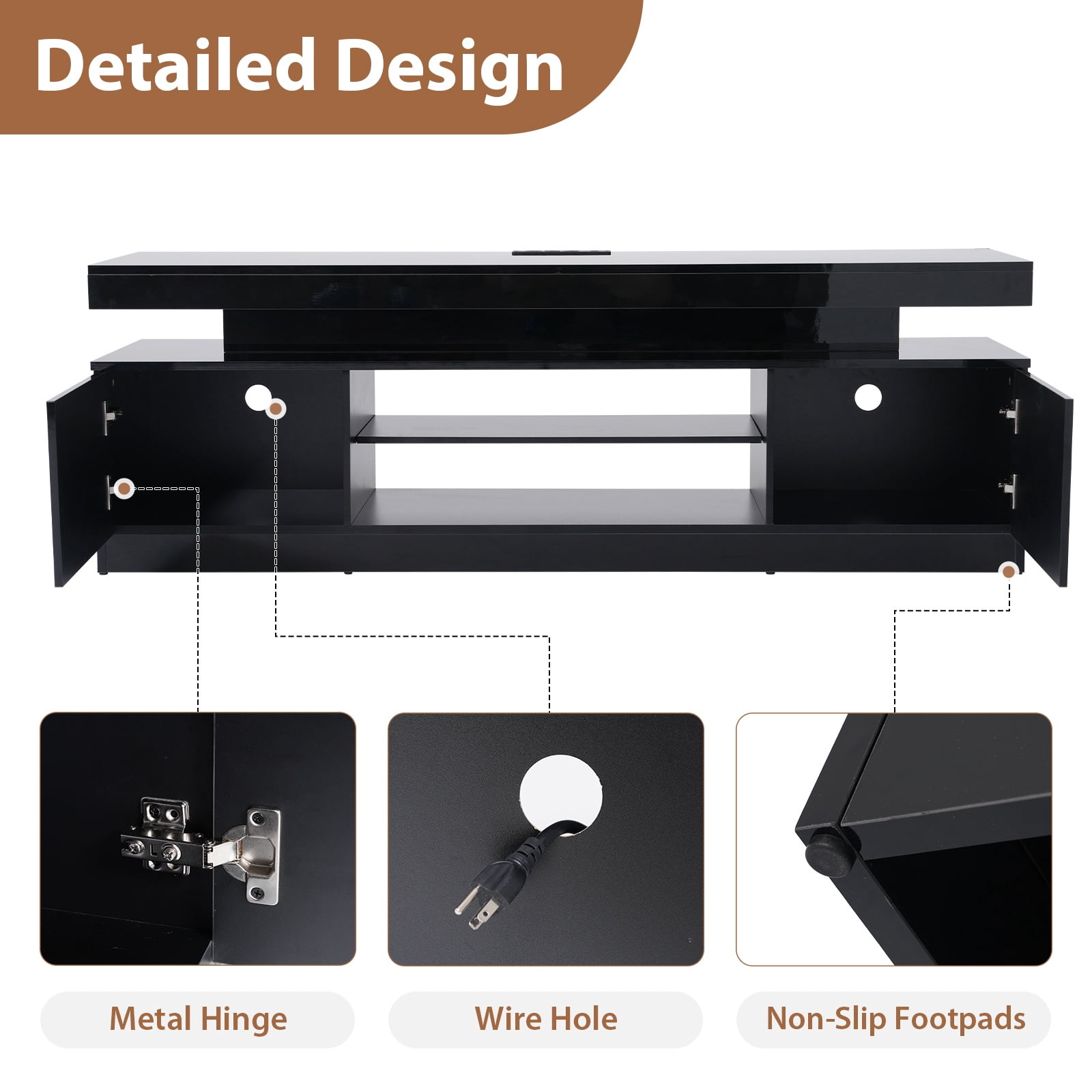 JOIVI LED TV Stand with Power Outlets, Modern High Gloss Entertainment Center for TVs Up to 75", TV Media Console with Storage, Black
