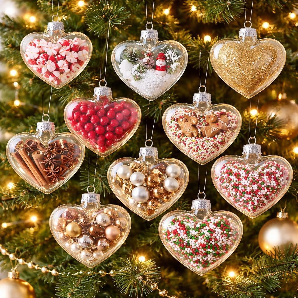 4E's Novelty 12 Pcs Fillable Glass Heart Ornaments 60mm Clear DIY Christmas Tree Decor Crafts Gifts