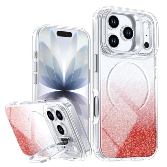 Case For IPhone 17 Pro 6.3-inch, Bright Color Glitter Gradient Frame Holder Slim Magnetic Phone Case [Compatible With MagSafe ] Hard Back & Soft TPU Bumper Shockproof Protective Cover,Red