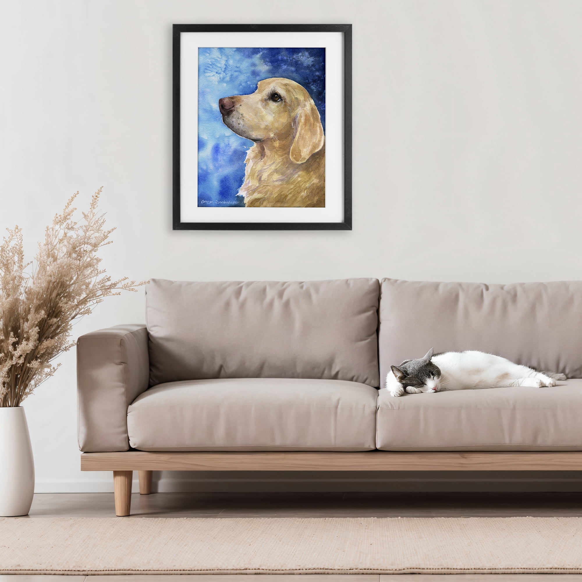 Stupell Industries Golden Retriever Portrait on Azure Black Framed Print Under Glass, design by George Dyachenko