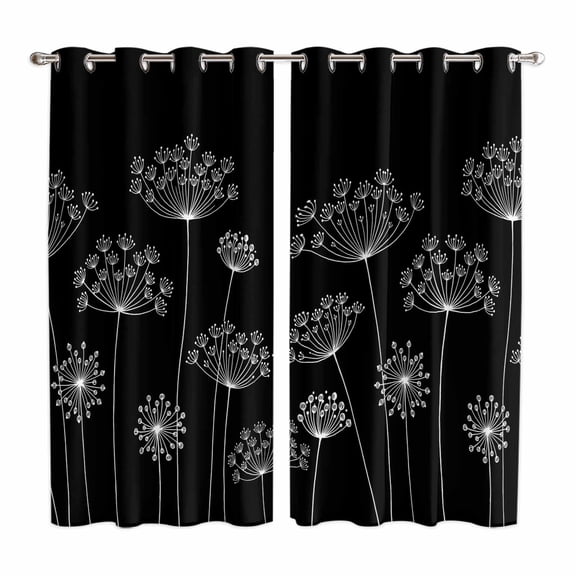 Curtains 63 Inch Length 2 Panels, Black Dandelion Grommets Window Treatment Curtain, Spring Modern Minimalist Country Flower Thermal Curtains Drapes for Living Room/Bathroom