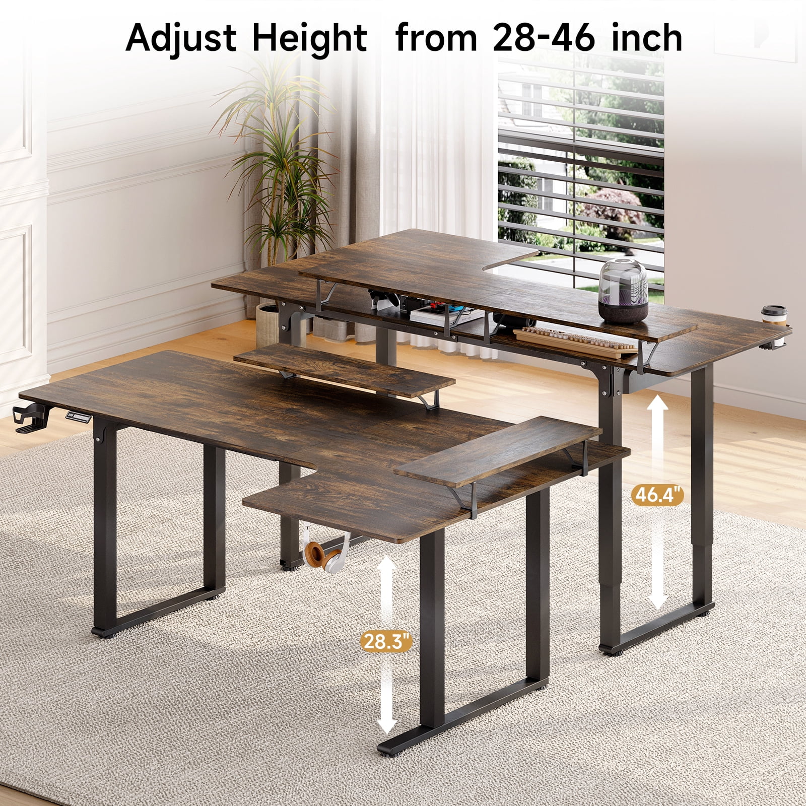 71x43 Inches L Shaped Standing Desk, Electric Stand Up Desk with 2 Adjustable Monitor Shelves and Adjustable Height from 28-46 Inches   for Home and Office, Rustic Brown