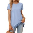 thumbnail image 5 of Women's Round Neck Solid Color T-Shirt Side Slit Casual Short-Sleeved Summer Sports Tunic Top, 5 of 6