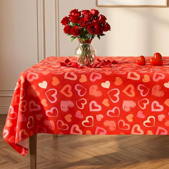 Valentine’s Day Tablecloth Waterproof Red Heart Design – Romantic Love Table Cover for Dining Room, Wedding, Party & Holiday Decor, W60 x L84 in