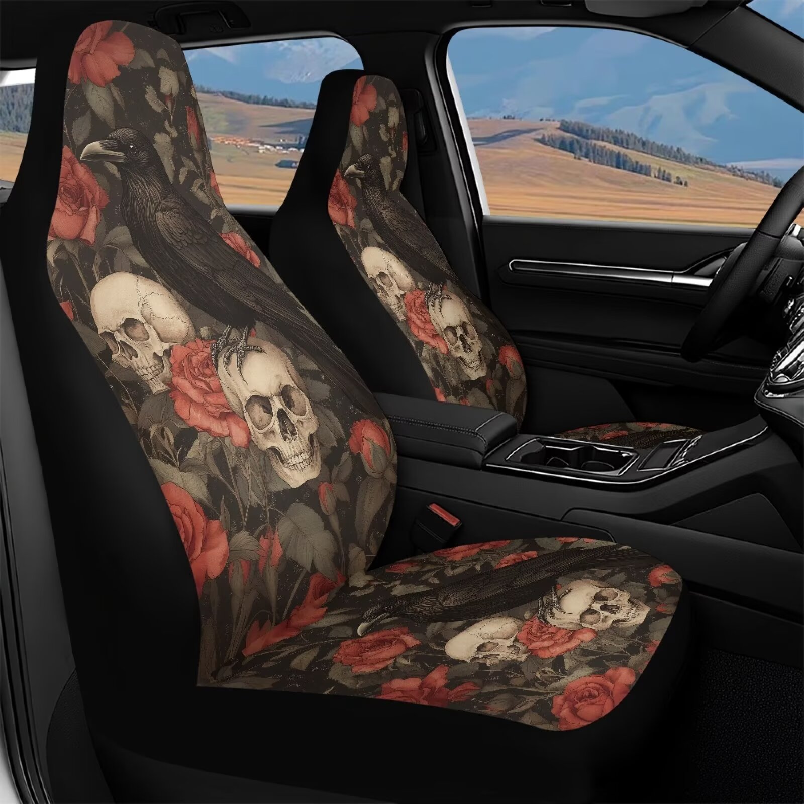 Binienty Halloween Waterproof Auto Seat Covers Black Crow Red Rose Skull Car Front Seat Covers 2 Pack Universal Automitive Bucket Protector Washable Car Interior Accessories, Airbag Compatible