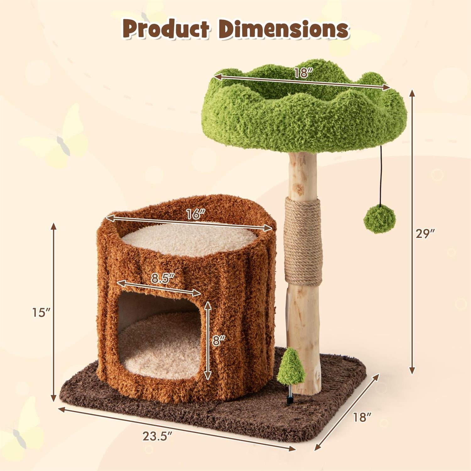 Pefilos Multifunctional Cat Tree, Scratching Posts & Top Perch, Cozy Condo & Hanging Toy, Brown