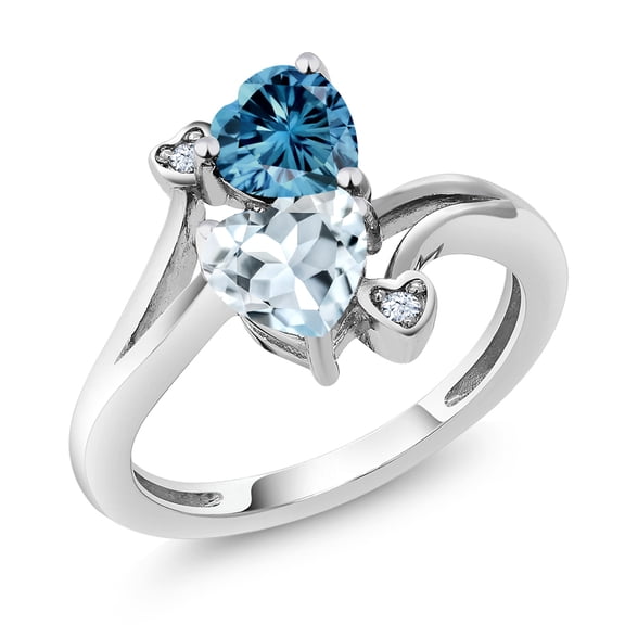 Gem Stone King 10K White Gold Fashion Right-Hand Ring Heart Shape Persian Blue Moissanite and Aquamarine Sky Blue (1.56 Cttw, Size 6)