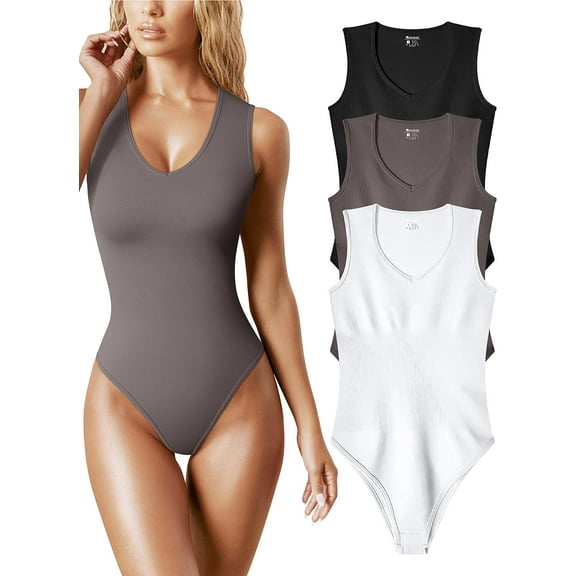 Women's 3 Piece Bodysuits Sexy Ribbed V Neck Sleeveless Tank Tops Bodysuits
