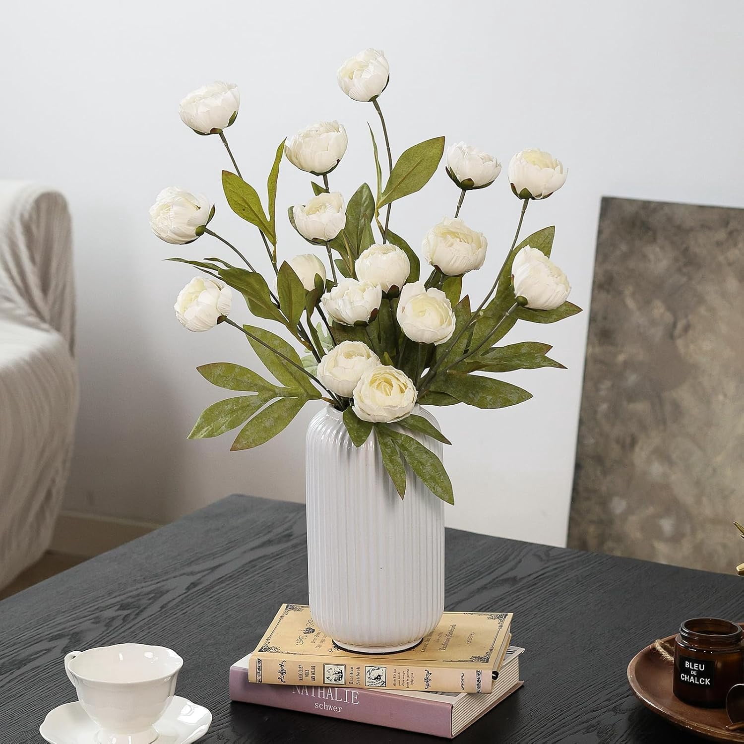 6 Pcs Faux Silk Peony Artificial Flowers for Vase -27", Bulk Fake Peonies Branches with Stems for DIY Bouquet Centerpieces Wedding Fillers Arrangements Shower Decorations (Cream)