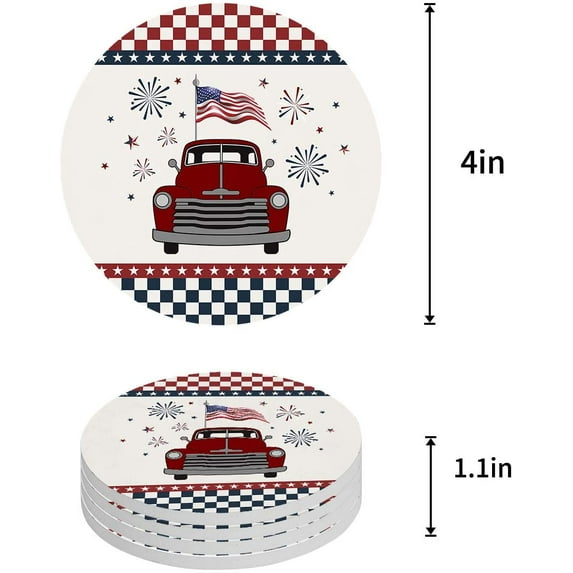 FMSHPON Independence Day Vintage Pickup Truck with American Flag Retro Car Set of 4 Round Coaster for Drinks, Absorbent Ceramic Stone Coasters Cup Mat with Cork Base for Coffee Table Bar Decor