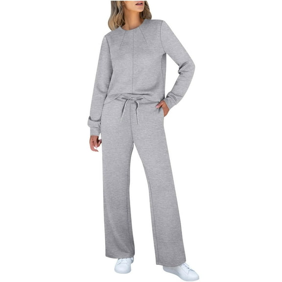 Kmdttou Womens Sweatshirt for Women Set 2 Piece Outfits Sweatsuit Fall Crewneck Sweatshirts Wide Leg Pants Matching Sweat Set Tracksuit on Clearance!