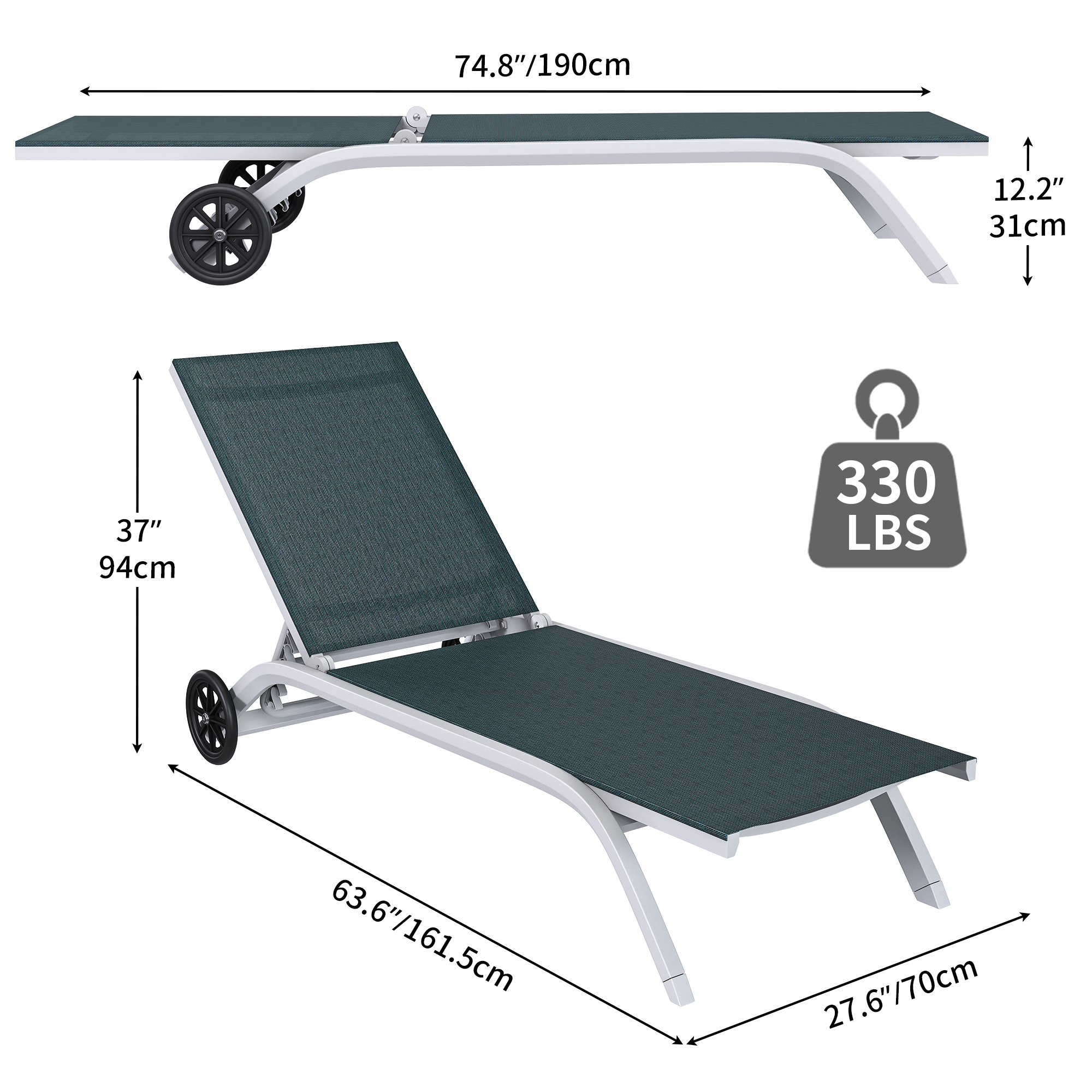 Uforic Outdoor Chaise Lounge Chair Set of 2, 5-Position Backrest Adjustable for Patio, Poolside, Green