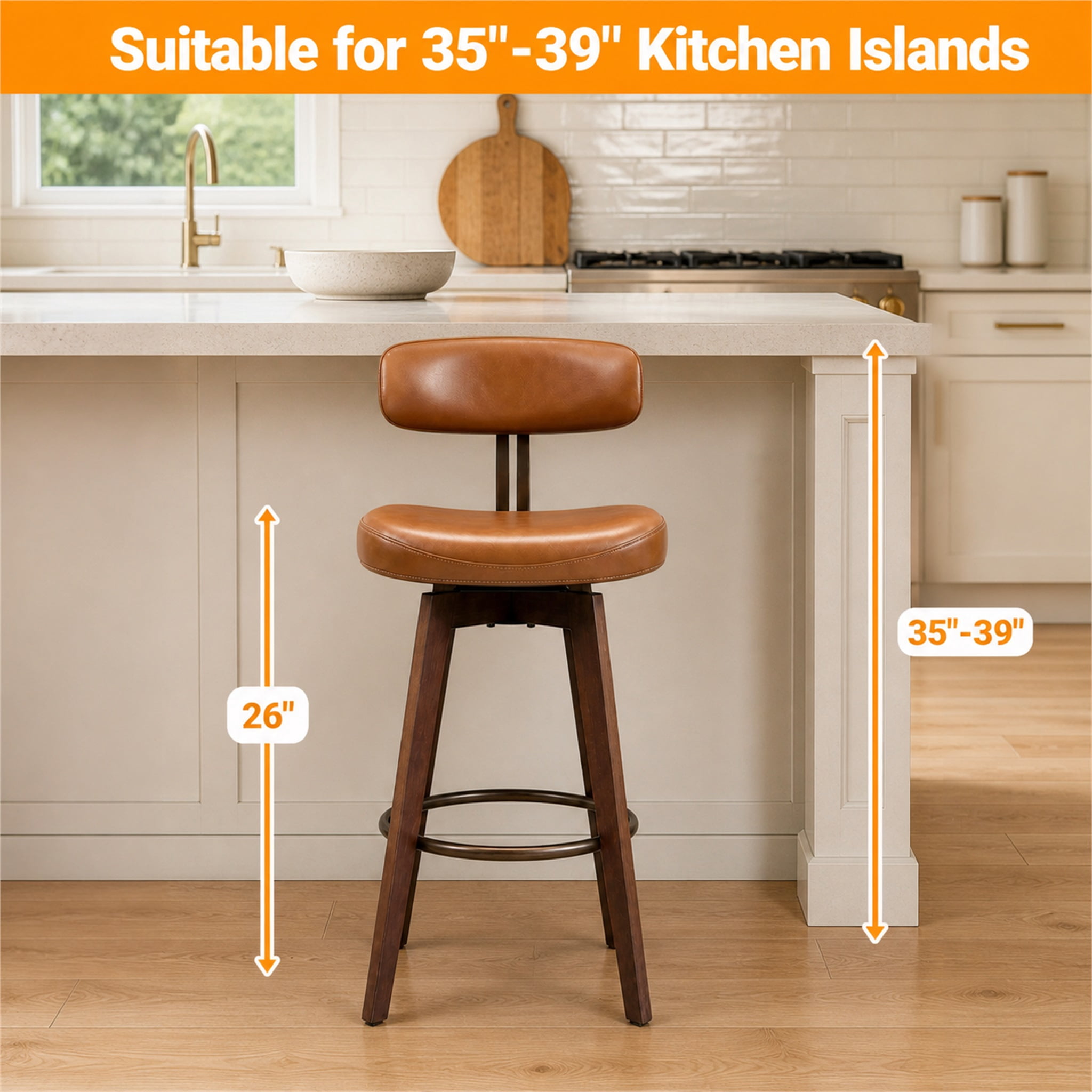 TrumanPick 26" Swivel Bar Stools Set of 2, Brown Faux Leather Counter Height Swivel Barstool with Back & Solid Rubberwood Legs, Counter Stools for Kitchen Island Pub