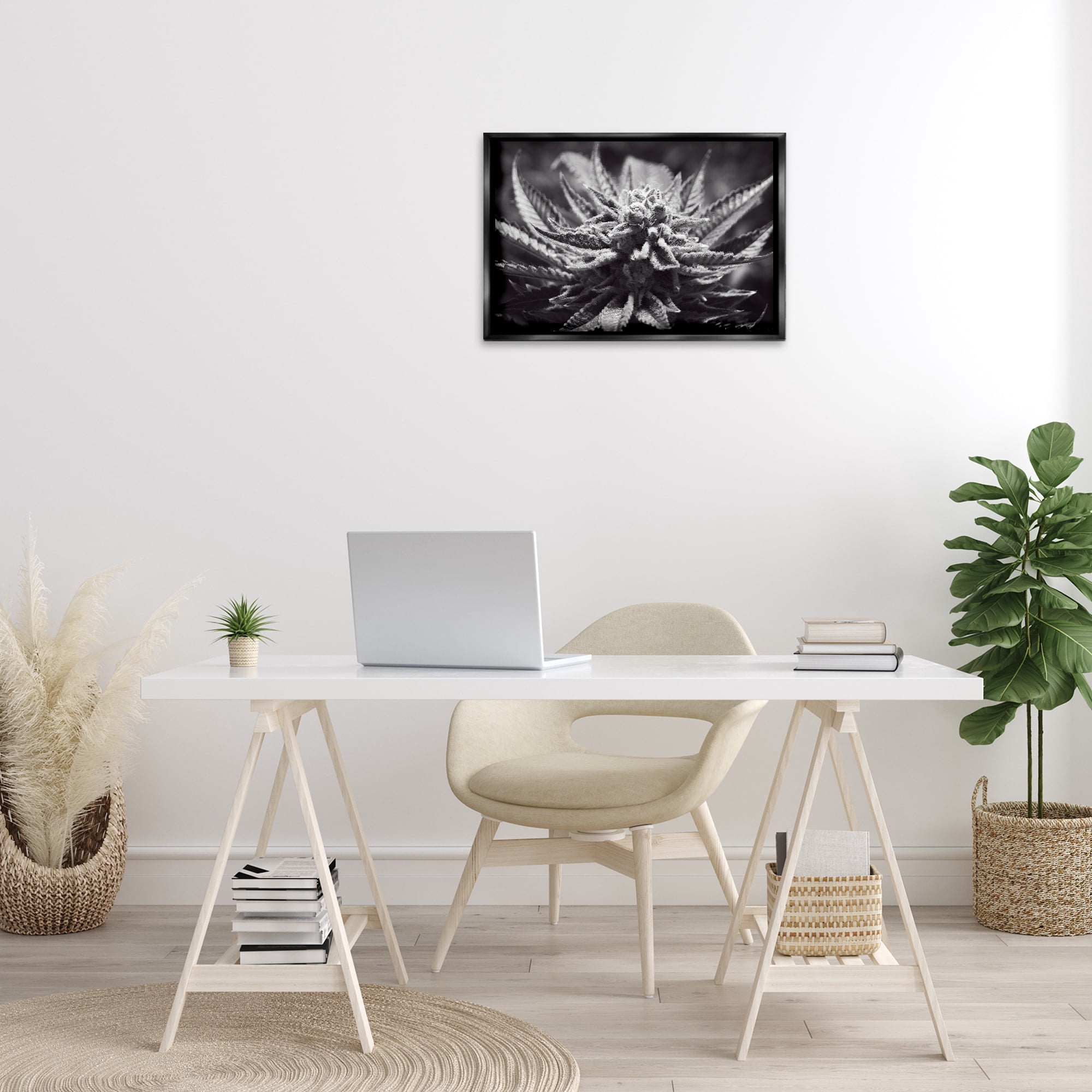 Stupell Industries Monochrome Cannabis Flower Plants & Flowers Painting Black Floater Framed Canvas Art Print Wall Art, 25 x 17
